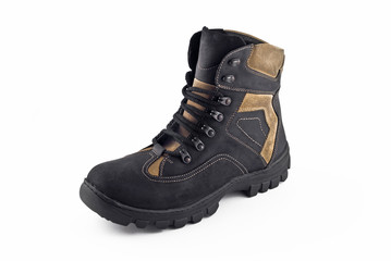 Warm leather boot for wearing in winter or traveling isolated