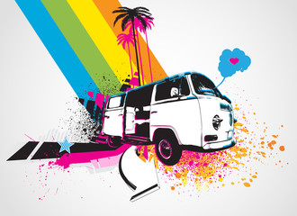 style Decorative urban background with funny retro bus