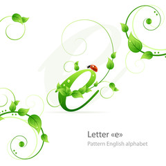 Eco green pattern alphabet with leafs and ladybird. Letter e