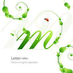 Eco green pattern alphabet with leafs and ladybird. Letter m