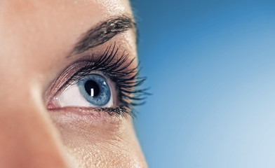 Eye on blue background (shallow DoF)