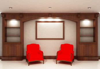 Two red chairs near empty bookcase