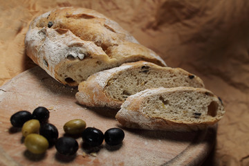 bread with olives close up