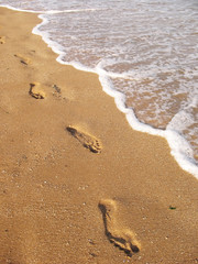 Footprints in the sand by the sea.