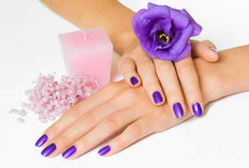 Hands with purple manicure and flower, pink candle and beads
