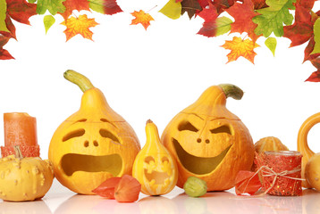 pumpkins with funny faces on white