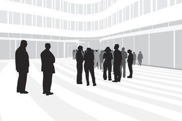 people waiting in line on modern corporate building background - 16909324