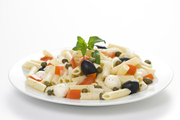 fresh macaroni mozzarella olives capers tomatoes salad