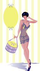 sexy woman in erotic transparent lingerie holding gift box