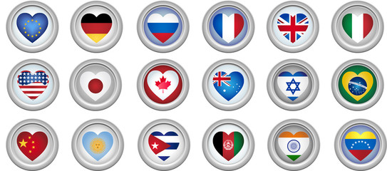 Set of 18 buttons of several countries heart shaped flags