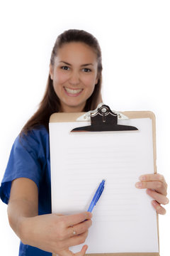 woman wearing blue blouse showing paper