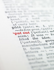 The word 'patent' highlighted in a dictionary