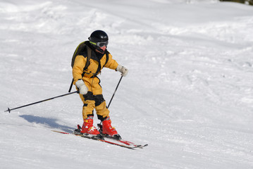 skier en jaune