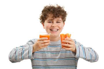Fototapeta premium Boy and fresh carrots isolated on white background