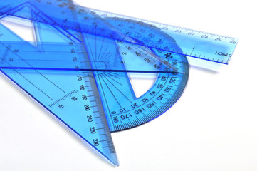 Set of blue ruler triangle and protractor