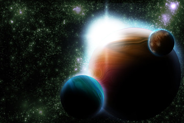 Obraz premium Abstract planet with sun flare in deep space - star nebula again