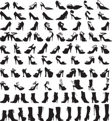 A very large collection of almost 100 shoe silhouettes. - obrazy, fototapety, plakaty