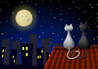 Two cats sitting on a roof at night, looking at the moon.