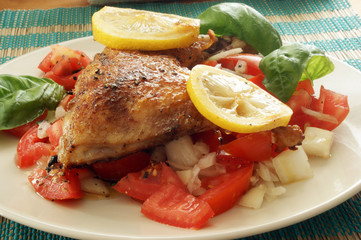organic tomato salad with roasted chicken and lemon