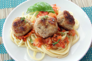 pasta with meat balls and organic tomato