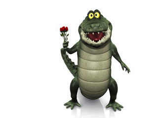 Obraz premium Cartoon crocodile holding roses.