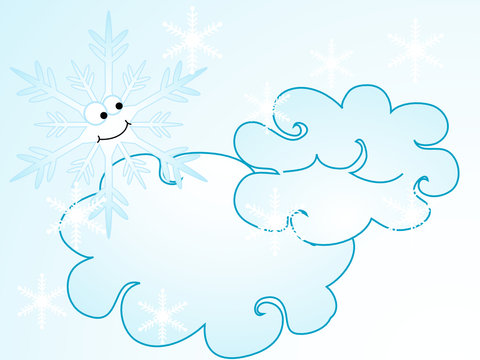 Cartoon snowflake with two clouds
