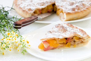 Slice of pie with apples and dried apricots