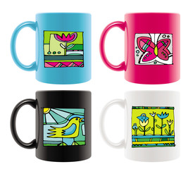 Six colored mugs with abstract summer drawings