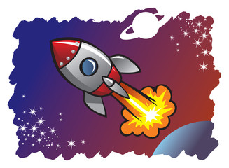 Cartoon style spaceshipblasting off into the space, vector