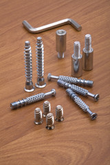Set of modern bolts and screws for furniture assemblage