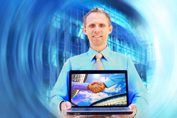 Happiness businessman on blur business architecture background