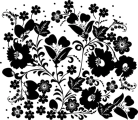 Papier Peint photo Lavable Fleurs noir et blanc motif traditionnel avec des fleurs noires