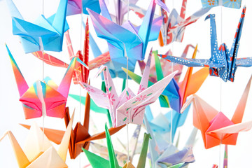Multicolour paper cranes. Soft focus and shallow depth of field