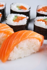 Set of sushi and rolls with a salmon