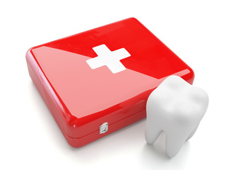 3d tooth with first aid kit isolated on white background.