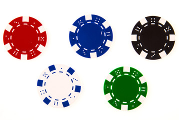 5 casino chips each different color isolated on white