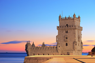 Tower of Belem (Torre de Belem), on sunset, Lisbon, Portugal - obrazy, fototapety, plakaty