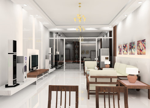 a living room with white sofa