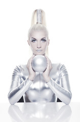 Obraz na płótnie Canvas Beautiful cyber woman with silver ball