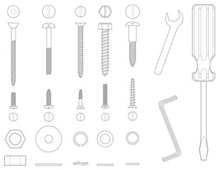 Black and white line illustration of screws and tools
