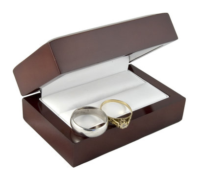 Man And Ladies Wedding Rings And Box On White Background