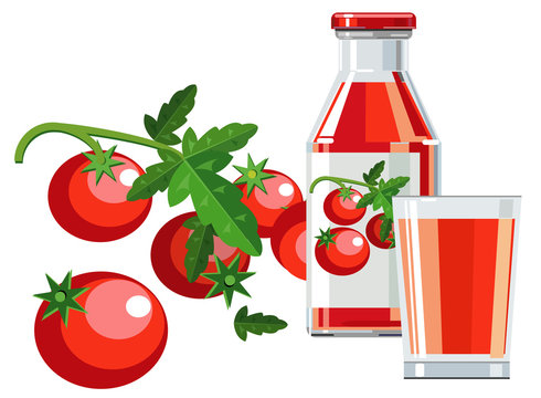 Tomato juice with bottle, glass and tomatoes