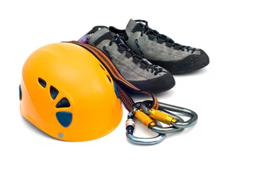 Foto auf Acrylglas climbing gear - carabiners, helmet, rope, shoes © Svetlana Gryankina