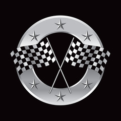 Racing checkered flags in silver star circle banner
