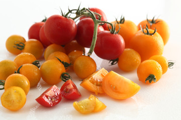 gelbe und rote Tomaten auf weiss