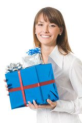 Young happy smiling businesswoman with gifts, isolated