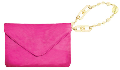 bright pink satin evening bag with a chain-link wrist strap