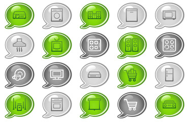 Home appliances web icons, green and grey speech bubble series