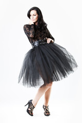 Young woman in black lace dress and heels