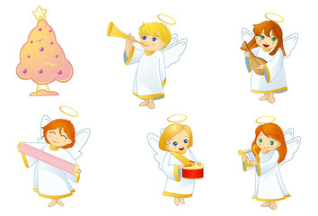 Fototapeta premium Collection of cartoon Angels with instruments